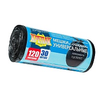 Мешки для мусора 120 л, с ушками, черные, в рулоне 30 шт., ПНД, 15 мкм, 1100х700 мм, Крепак, 4607075710375 в Смоленске